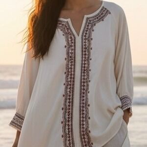 NWT Democracy Womens Plus 2X Cream Embroidered Tunic Blouse NEW Boho Cottagecore